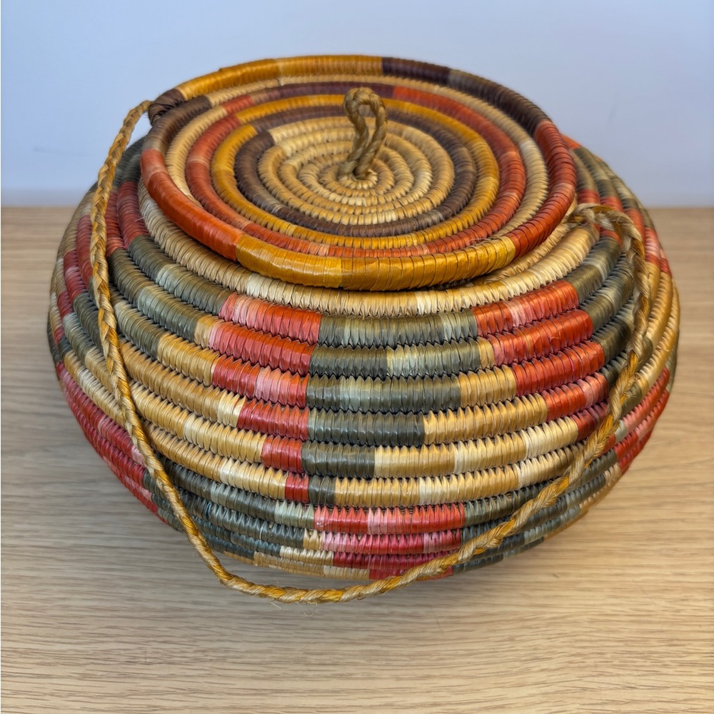 Vintage Handwoven Coil‎ Multicolor Basket with Lid